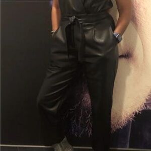INC International Concepts Black Belted Jumpsuit Faux Leather